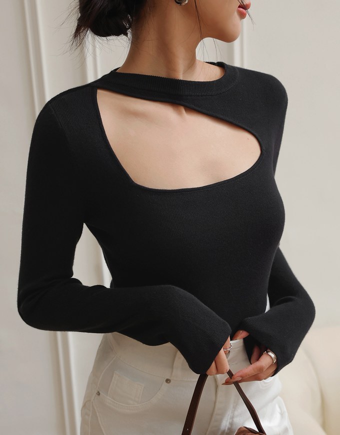 Long Sleeve Ribbed Knit Cut Out Top