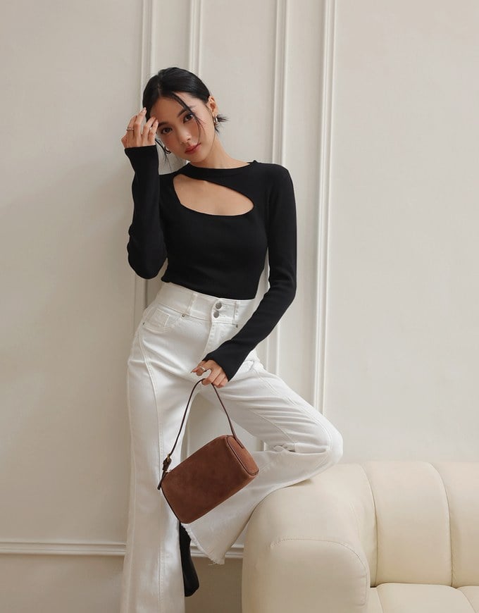 Long Sleeve Ribbed Knit Cut Out Top