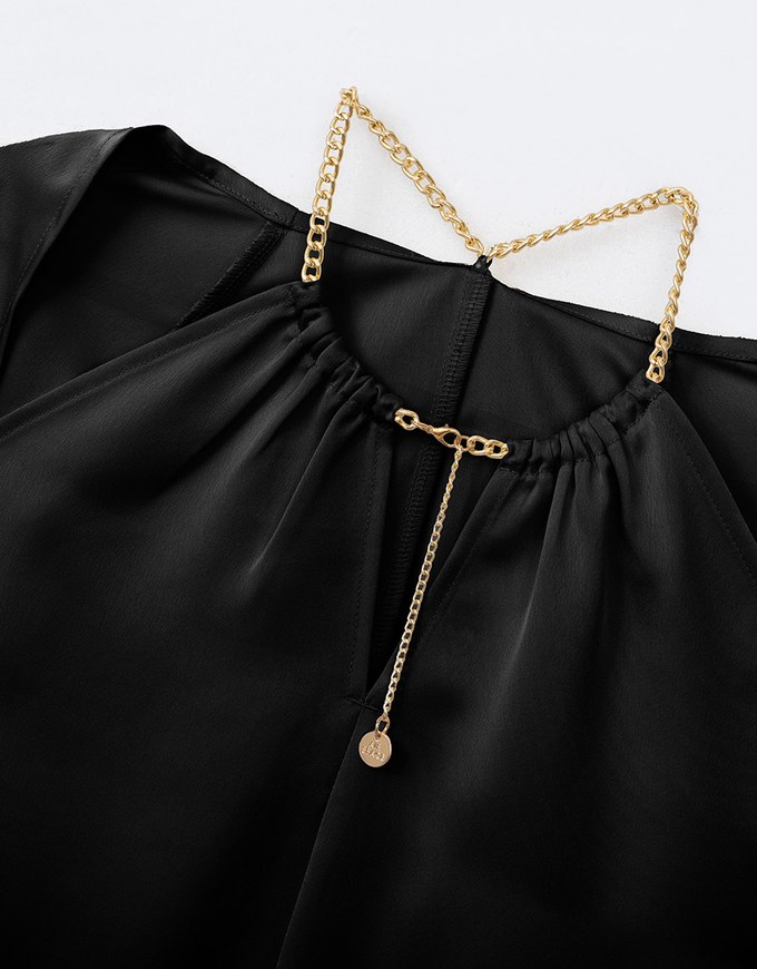 Halter Cutout Satin Top With Gold Chain Design