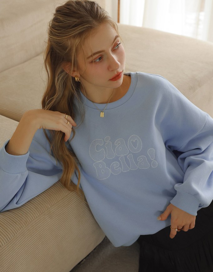 Oversized Letter Print Round Neck Fleece Lined Sweatshirt