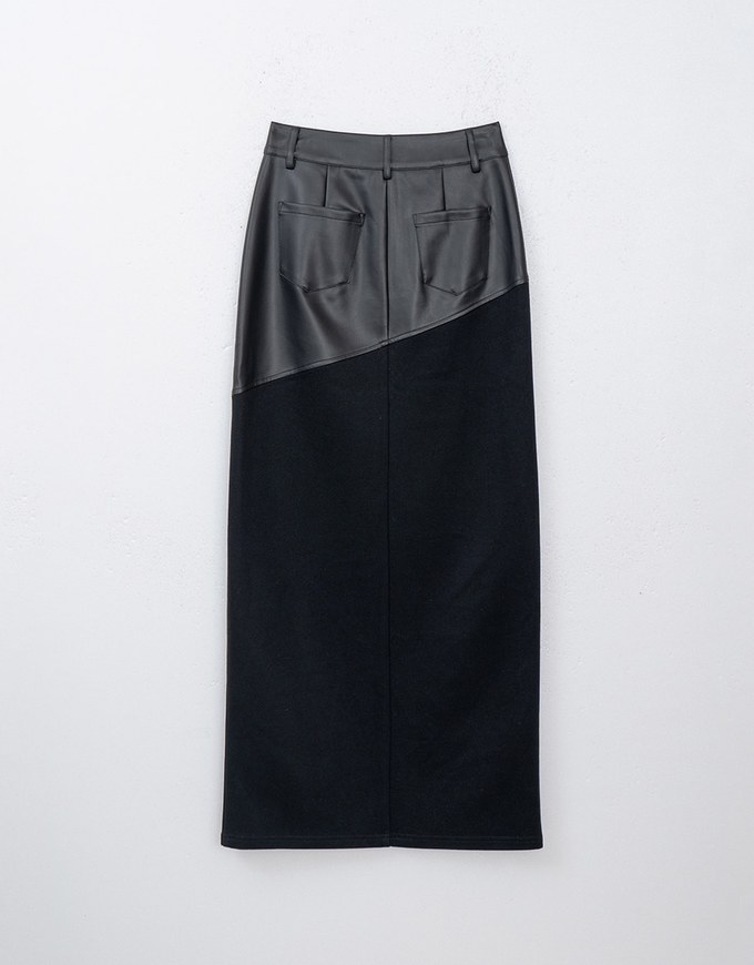 Patchwork Faux Leather Slit High Waist Maxi Skirt