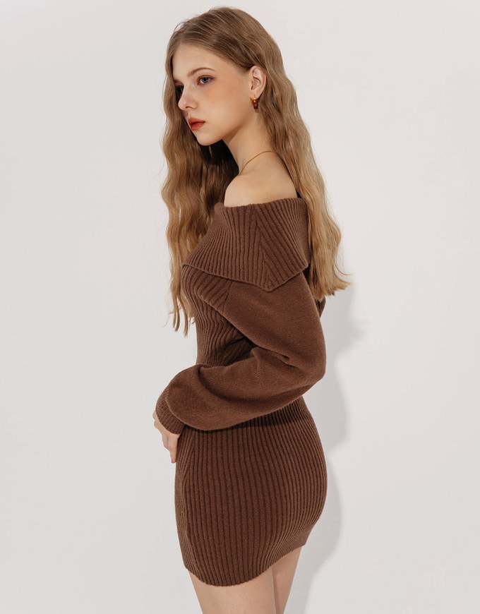 Off Shoulder Ribbed Waist Cinched Knit Mini Dress