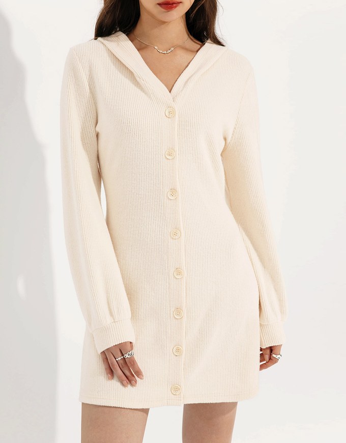 Lightweight Fleece Hooded Mini Dress with Button Closure