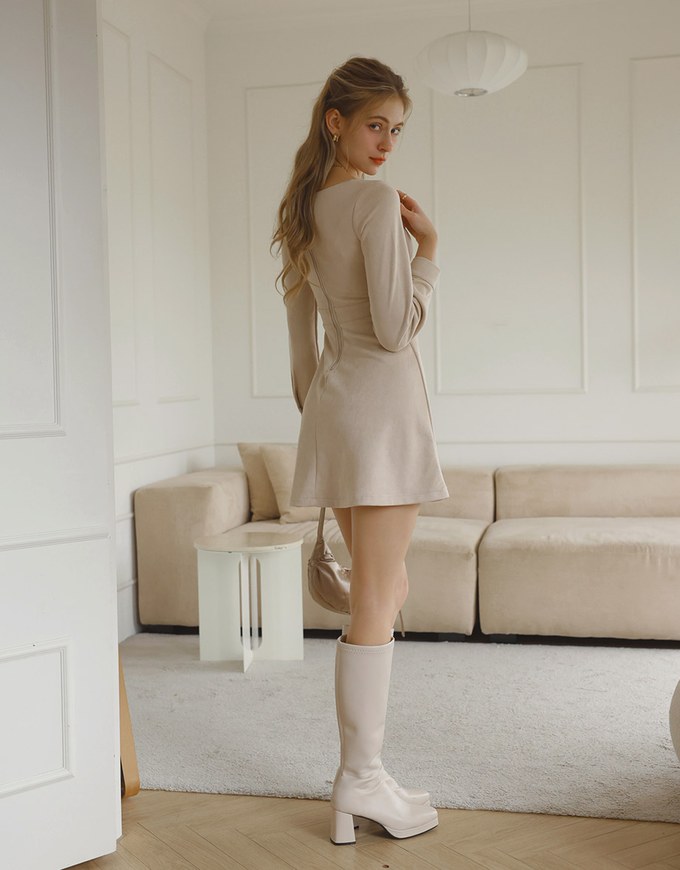 Faux Suede Long Sleeve A Line Padded Mini Dress