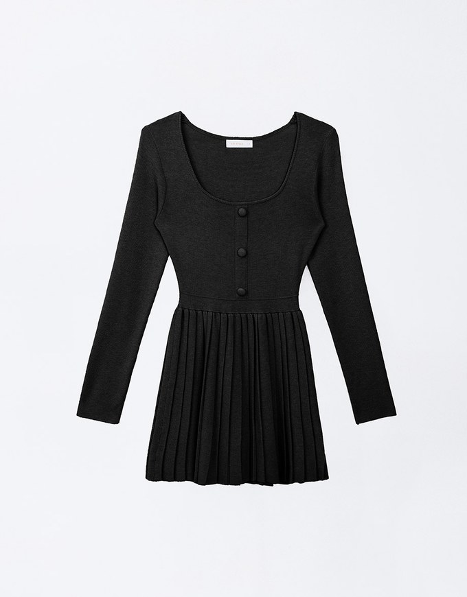 Long Sleeve A Line Pleated Knitted Mini Dress