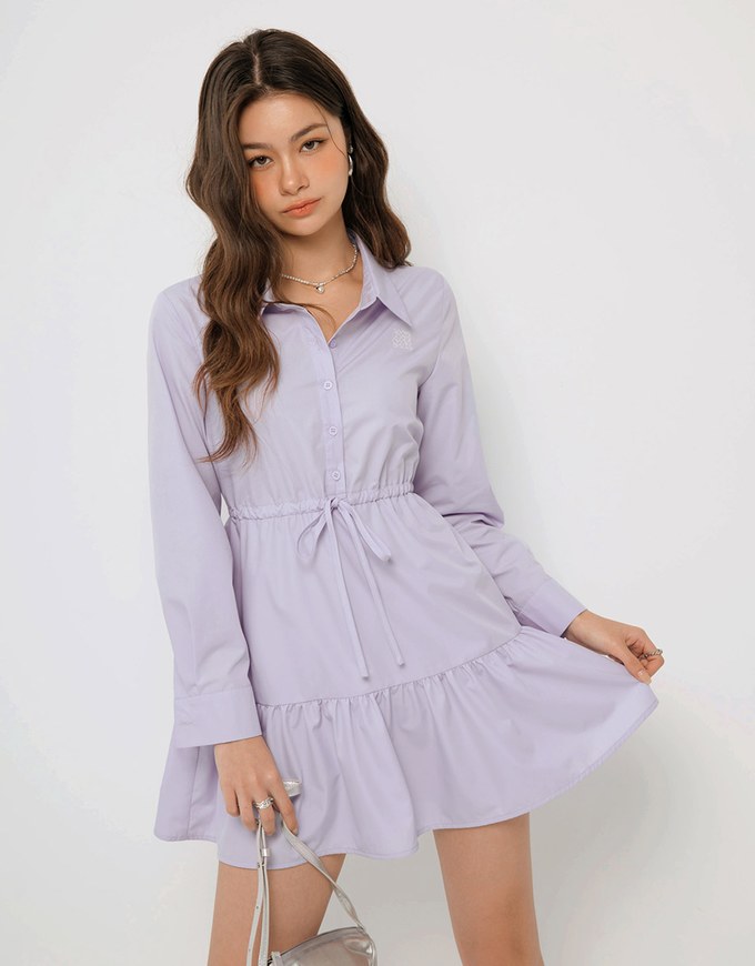 Long Sleeve Button Up Layered Shirt Collared Mini Dress with Air Space Logo Embroidered