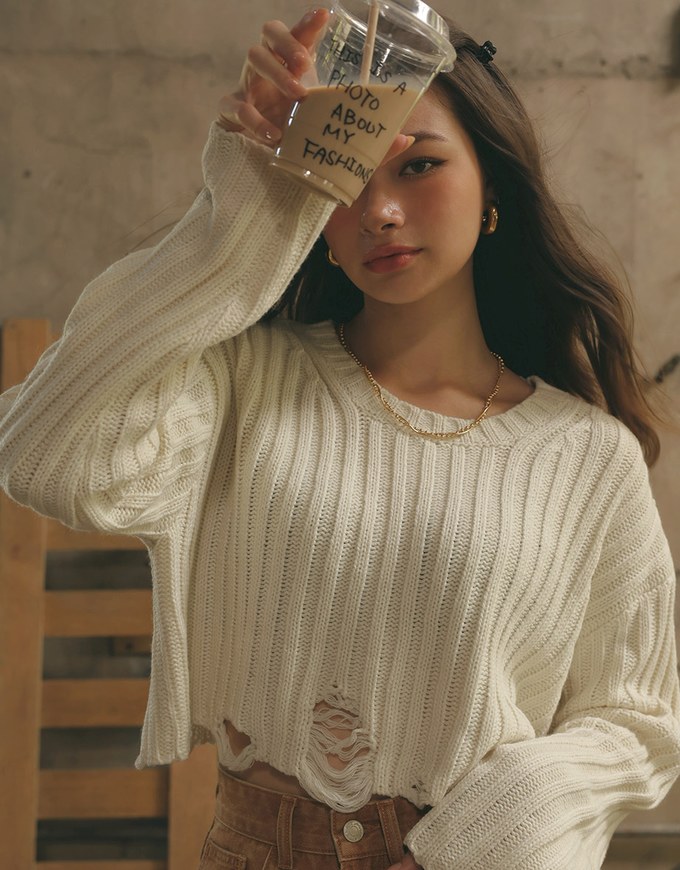 Distressed Crew Neck Knit Cropped Sweater