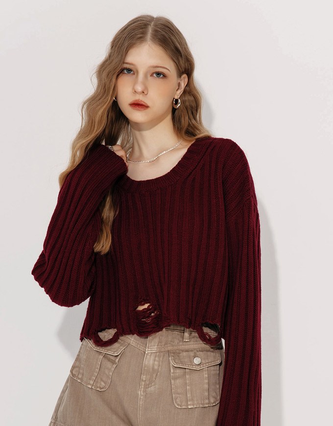 Distressed Crew Neck Knit Cropped Sweater