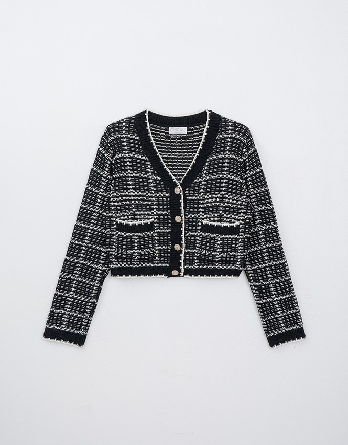 Classic Tweed Knit Cardigan With Button Closure