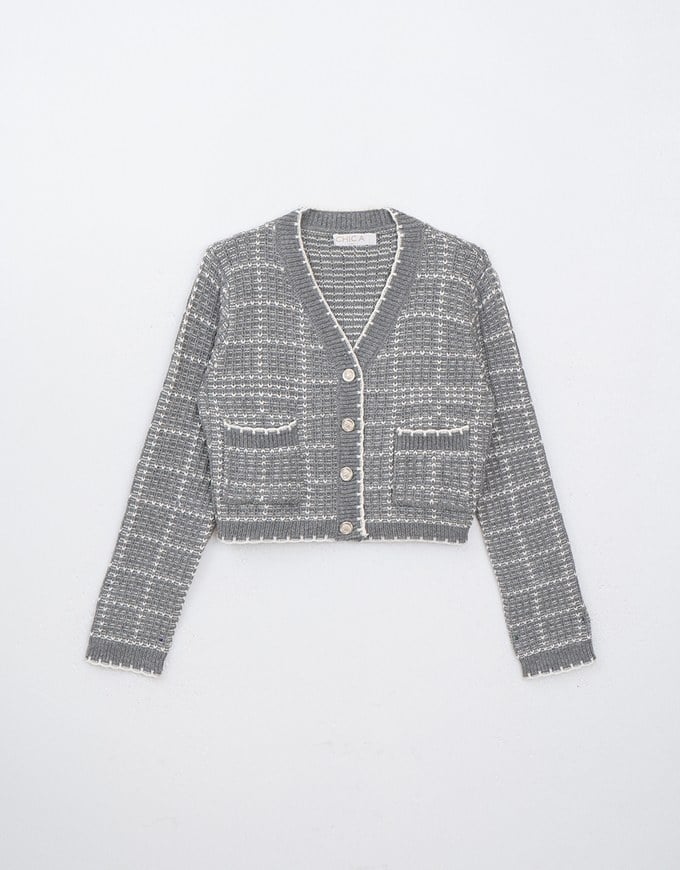 Classic Tweed Knit Cardigan With Button Closure