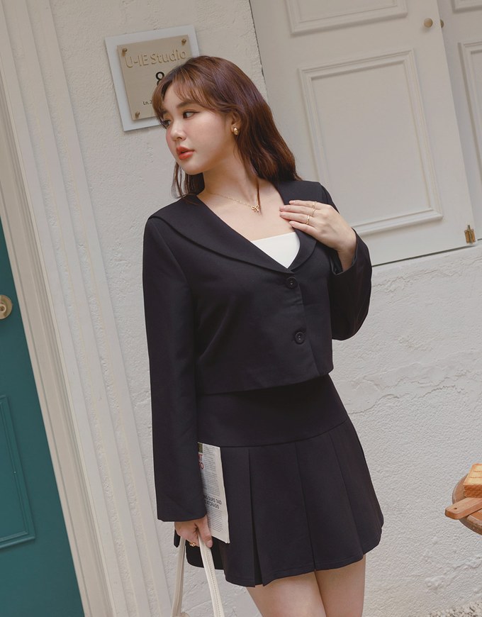 Wide Waist Pleated Suit Skirt