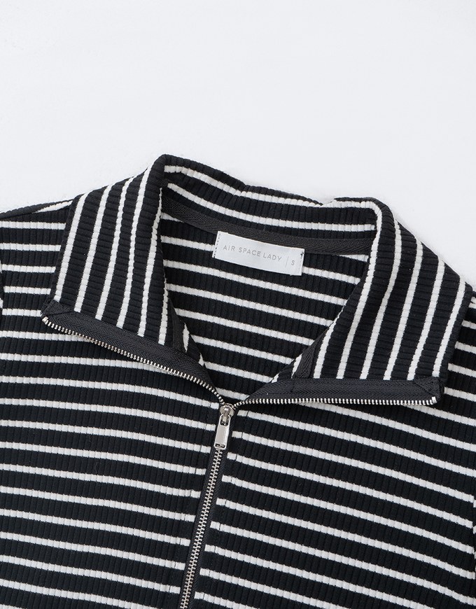 Collared Striped Double Zipper Long Sleeve Top