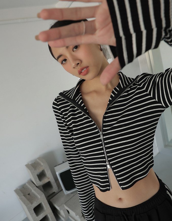 Collared Striped Double Zipper Long Sleeve Top