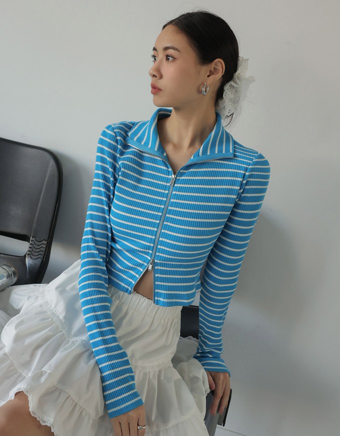 Collared Striped Double Zipper Long Sleeve Top