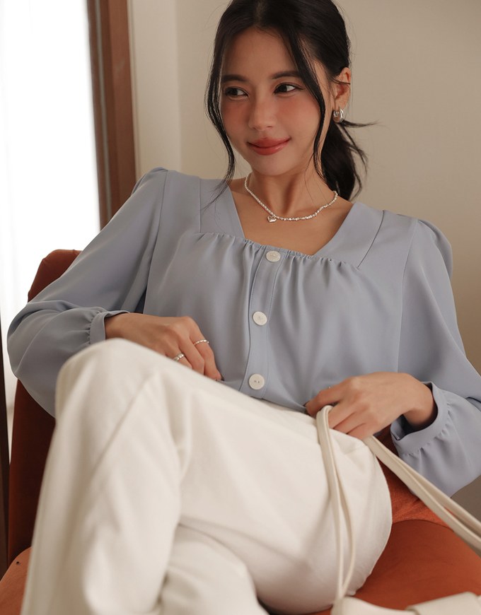 Long Sleeve Square Neck Button Up Side Drawstring Top