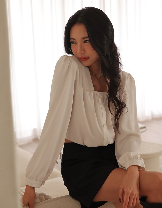 Long Sleeve Square Neck Button Up Side Drawstring Top