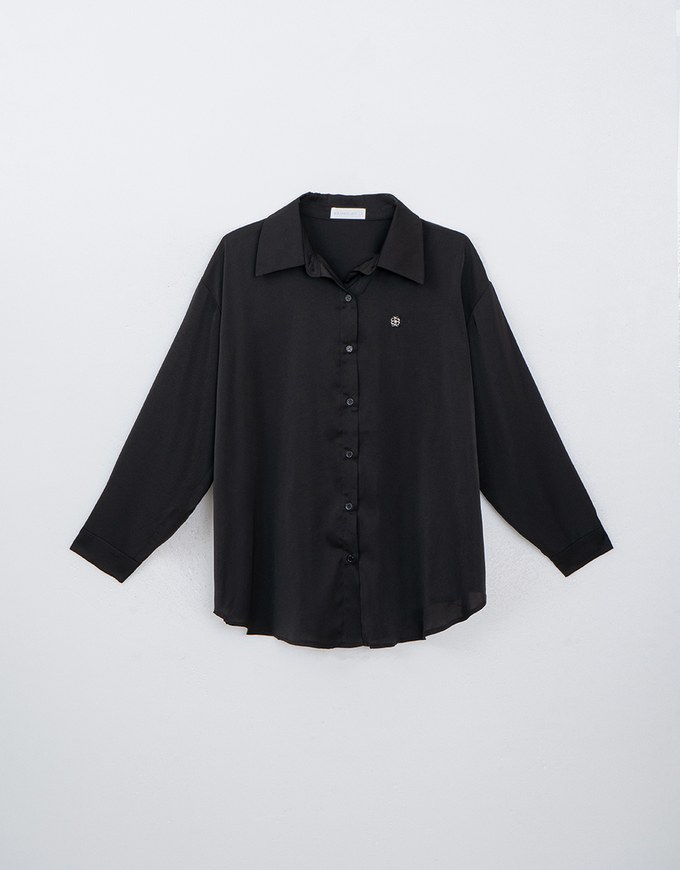 Basic Long Sleeve Button Up Straight Blouse With Air Space Logo Embroidered