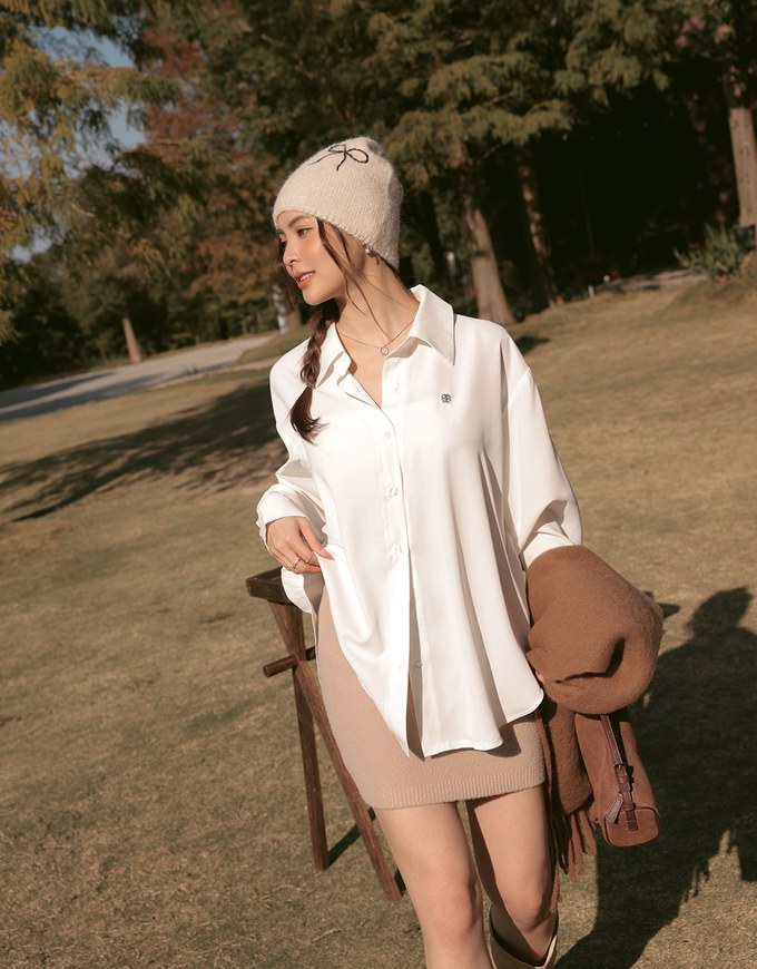 Basic Long Sleeve Button Up Straight Blouse With Air Space Logo Embroidered