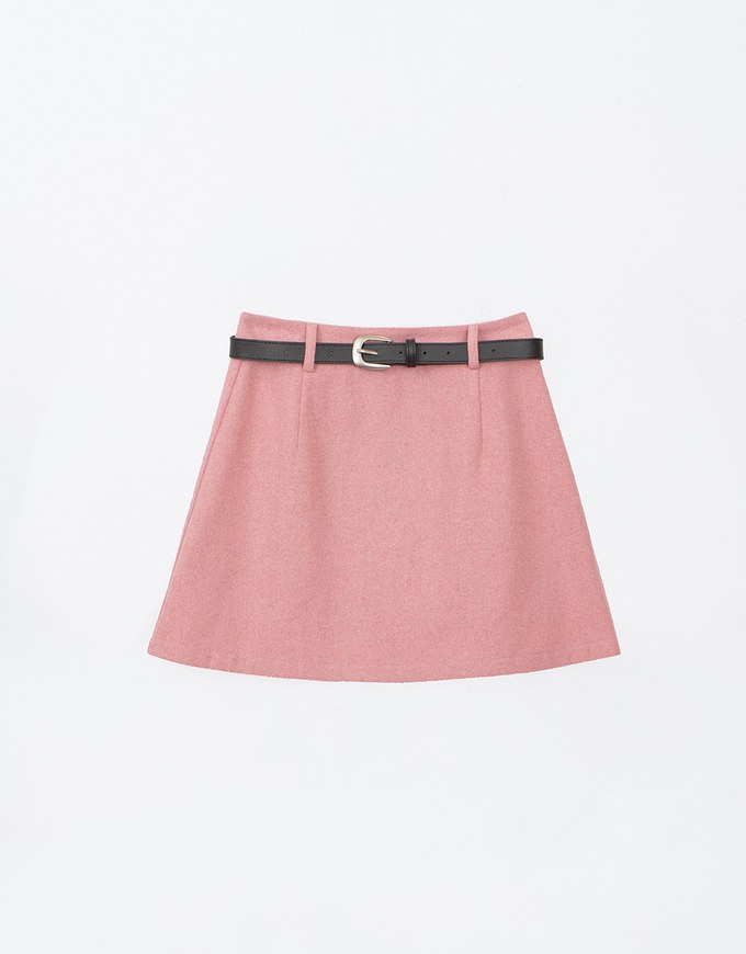 Basic Solid Color Woolen Mini Skirt (with Belt)