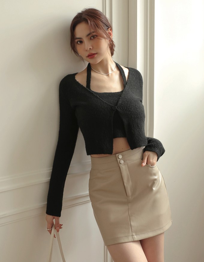 Front Button High Waist Faux Leather Mini Skirt