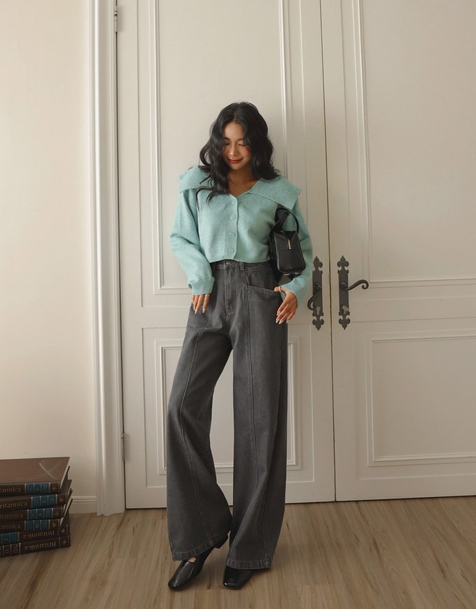 Heavyweight Washed Jeans Denim High Waisted Wide Pants Culottes