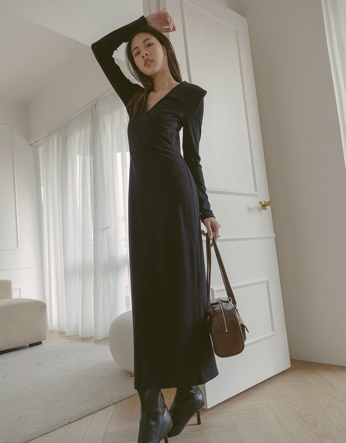 French Collar Slit Maxi Dress