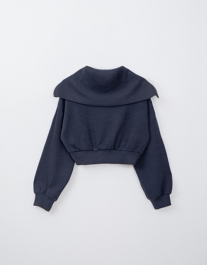 Soft Knit Sailor Collar Zipper Cropped Jacket