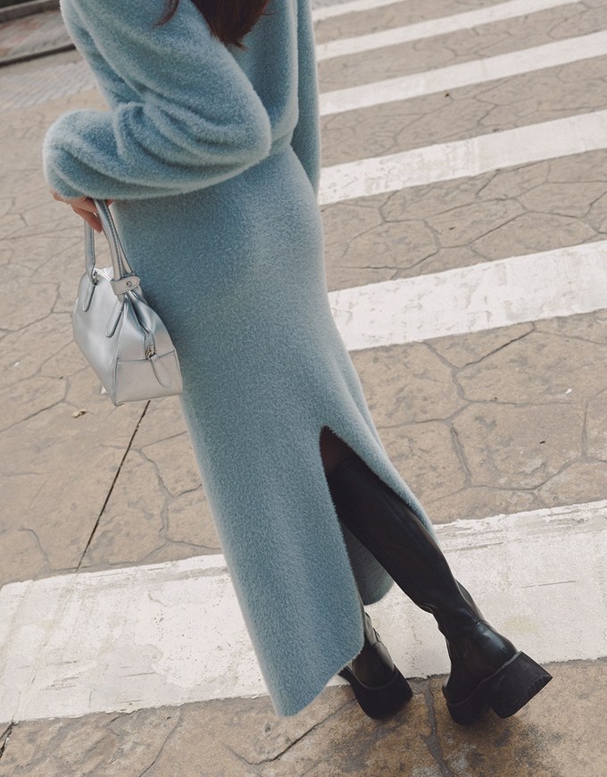 V Neck Fluffy Long Sleeve Top And Bodycon Slit Maxi Skirt Set Wear