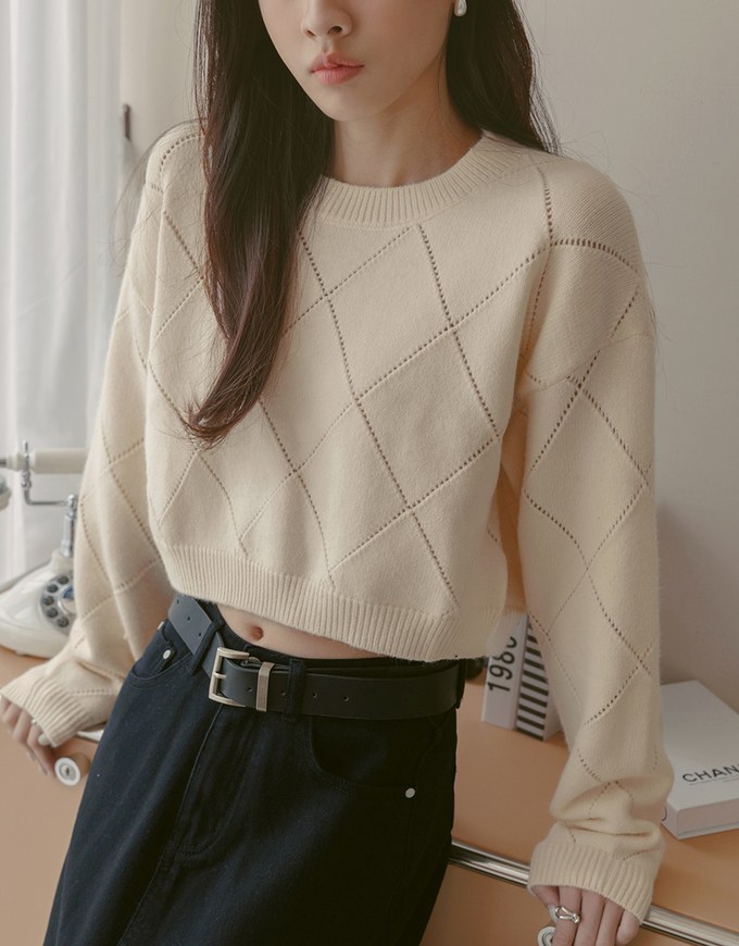 Solid Color Argyle Knit Sweater