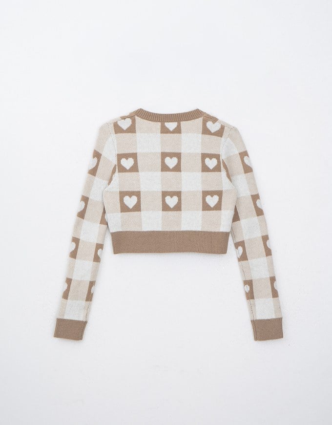 Heart Shape Checkered Button Front Knit Top