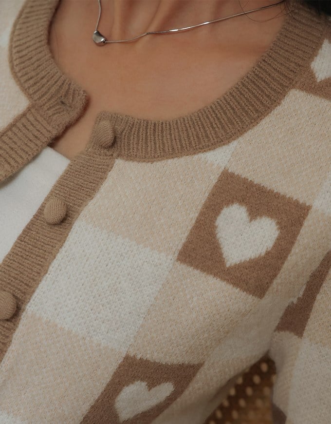 Heart Shape Checkered Button Front Knit Top