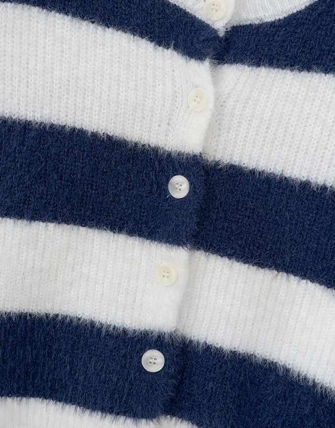 Fluffy Crew Neck Button Up Striped Knitted Top