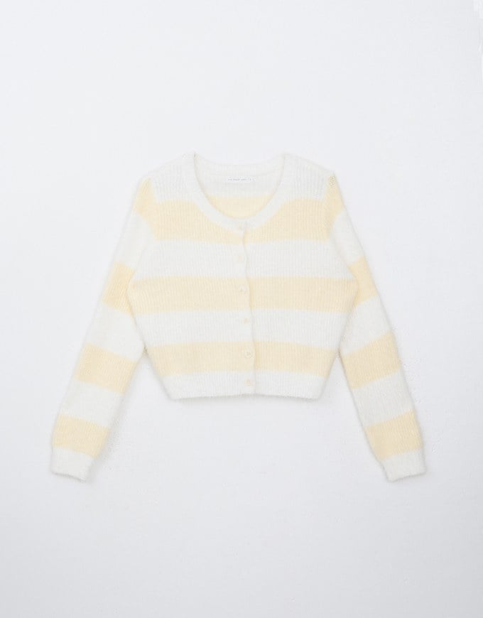 Fluffy Crew Neck Button Up Striped Knitted Top