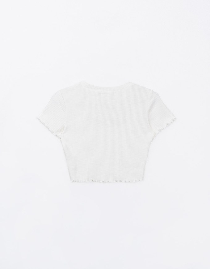 Sheer Lace Bow Embellished Ruffle Hem Cropped Top