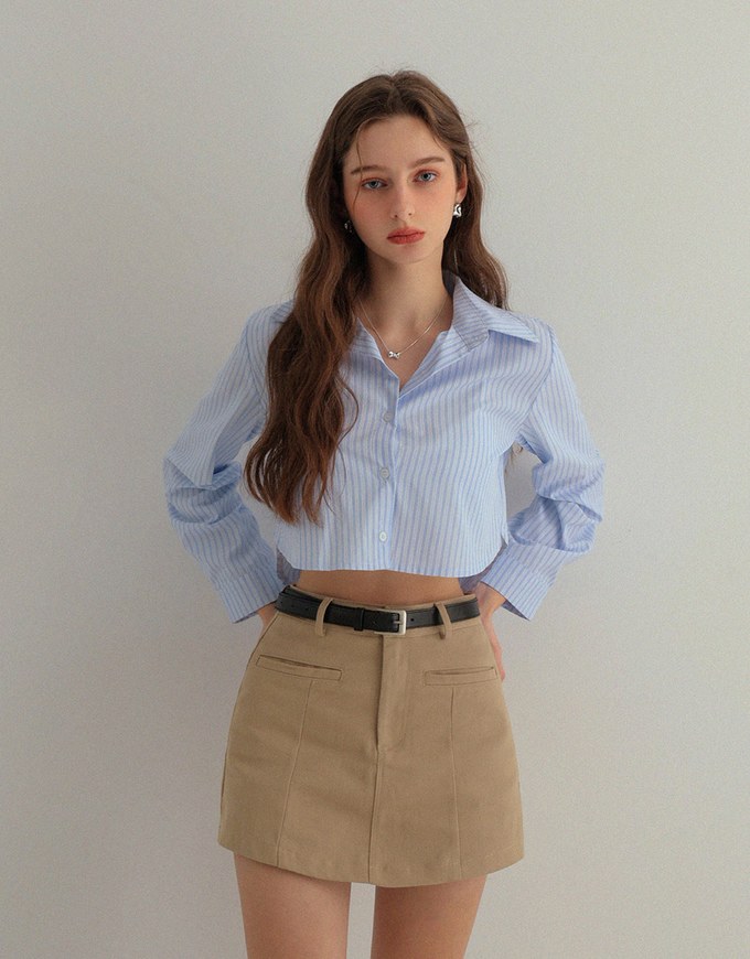 Basic Striped Long Sleeve Cropped Button Up Blouse