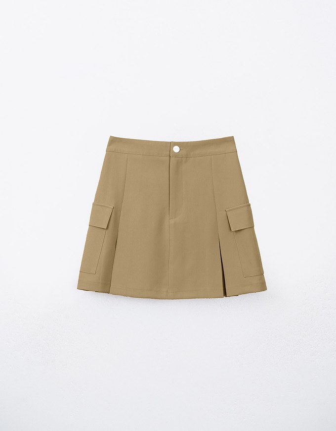 Solid A Line Pleated Mini Skirt With Pockets Details