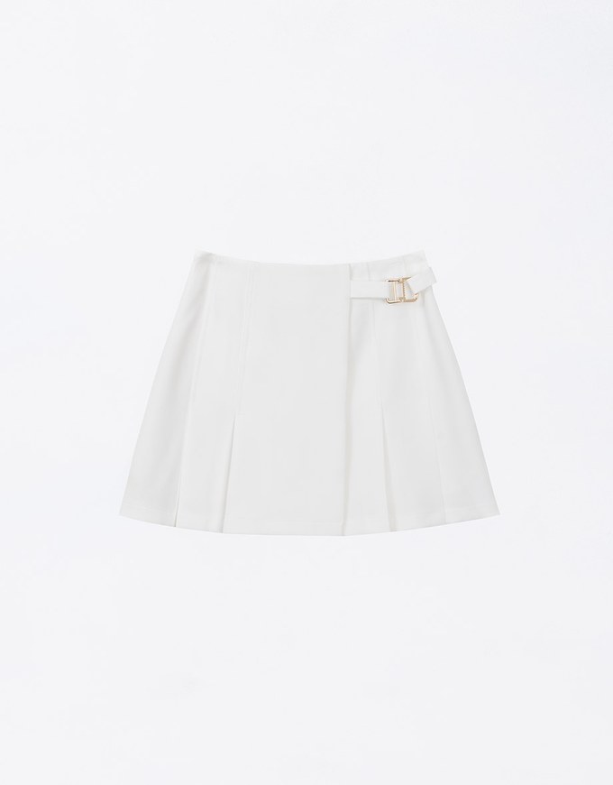 Short Pleated Mini Skirt With Gold Buckle Detail