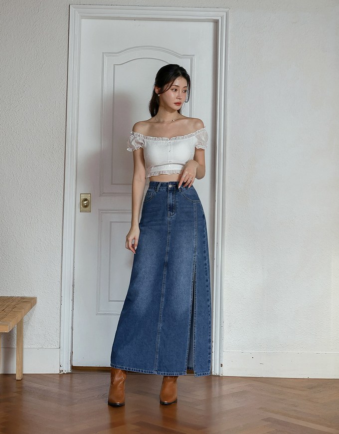 【Den!m LITE】Lightweight Soft Denim Slit Maxi Skirt