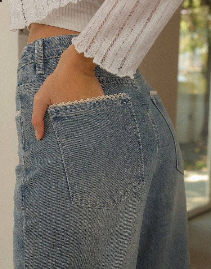 Vintage Lace Details Jeans Denim Straight Leg Pants