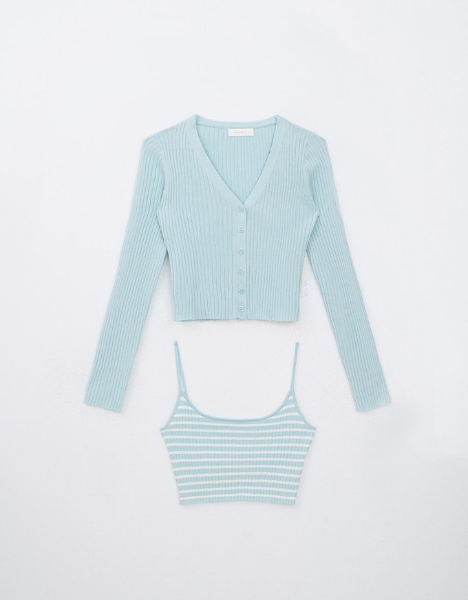 Buttoned Ribbed Cardigan with Striped Cami Top Set Wear