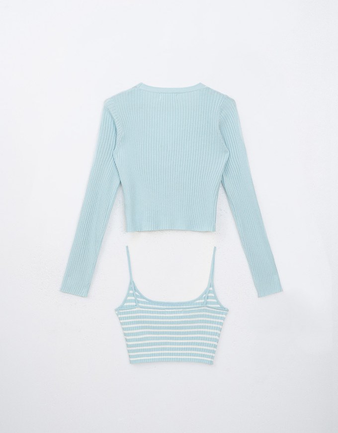 Buttoned Ribbed Cardigan with Striped Cami Top Set Wear