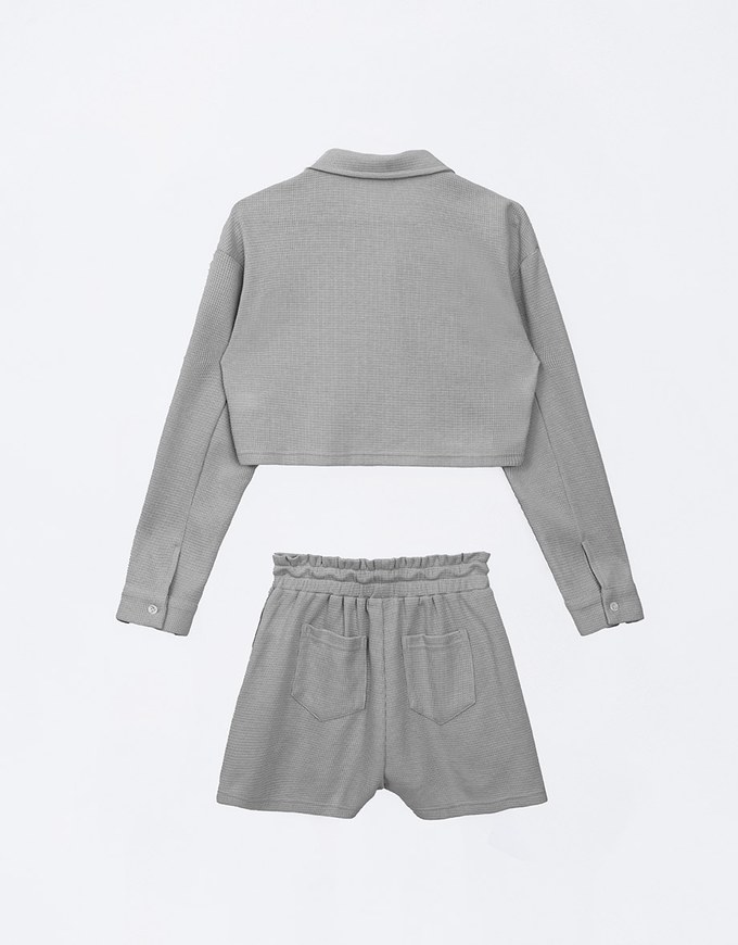 Casual Button Up Textured Cropped Blouse and Elastic Shorts Set Wear