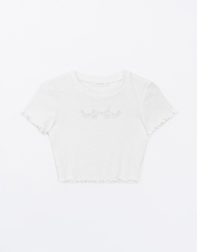 Sheer Lace Bow Embellished Ruffle Hem Cropped Top