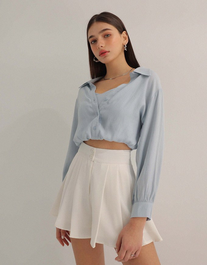 Faux 2 Piece Open Collar Cropped Blouse With Basic Camisole Set Wear