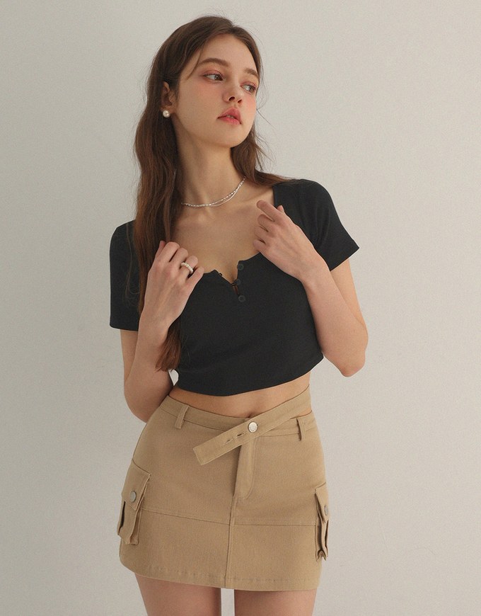 Slim Fit Button Up U Neck Ribbed Crop Top