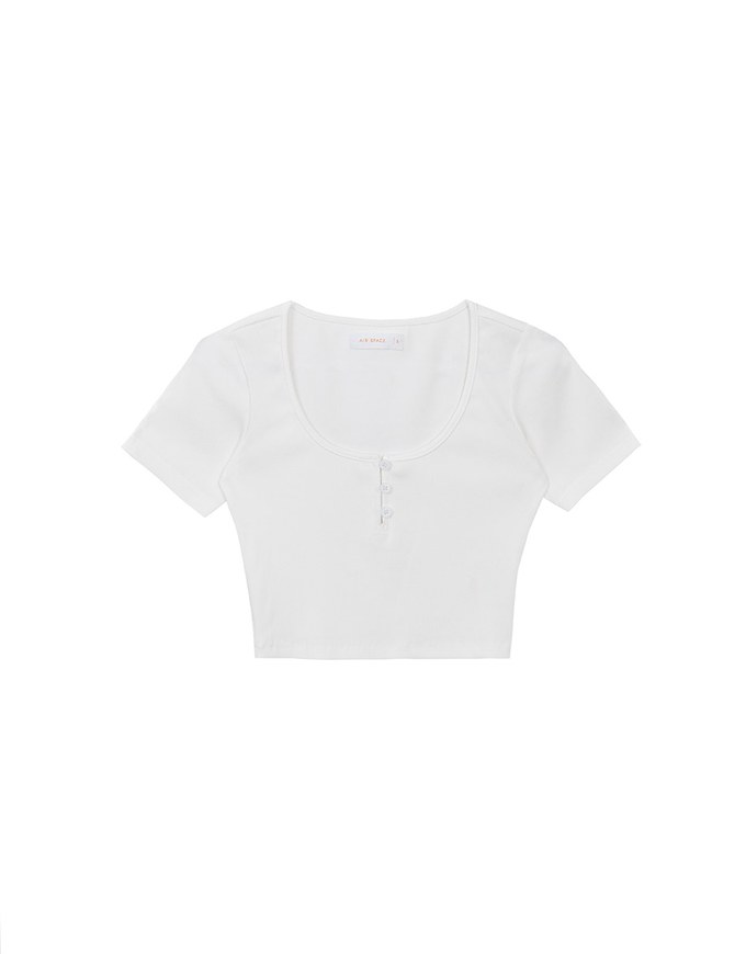 Slim Fit Button Up U Neck Ribbed Crop Top