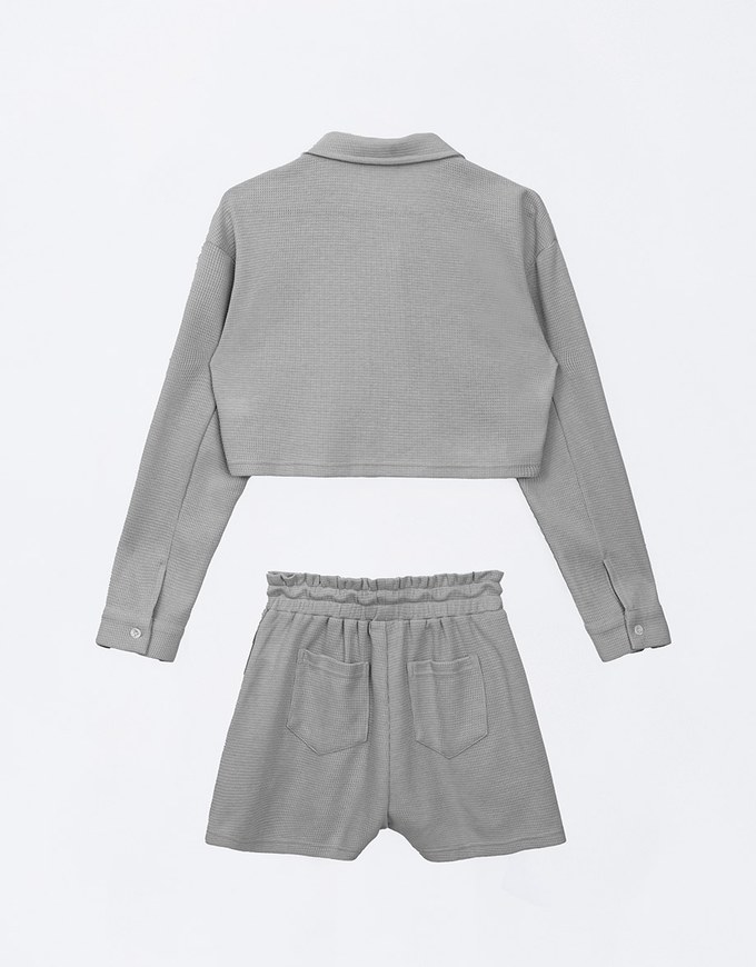 Casual Button Up Textured Cropped Blouse and Elastic Shorts Set Wear