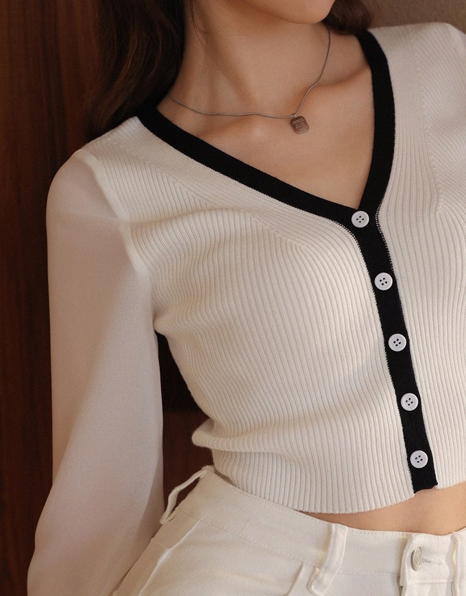 Long Sleeve Sheer Mesh Color Block Knitted Top