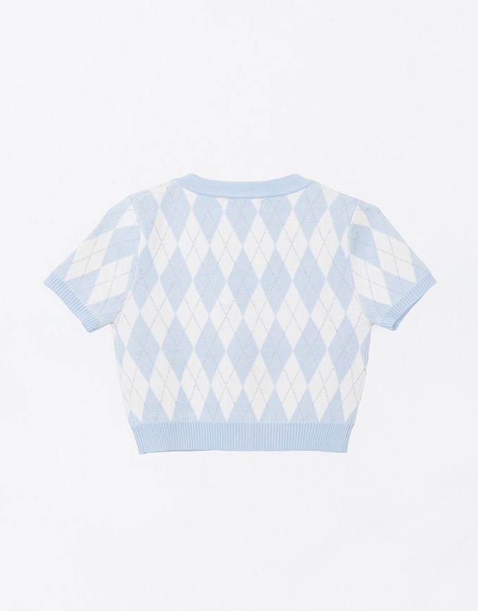 V Neck Argyle Printed Cropped Knit Top