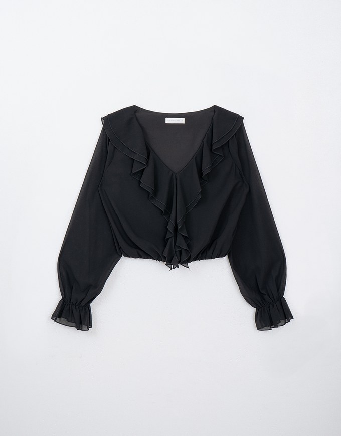 Long Sleeve V Neck Ruffled Sleeve Blouse